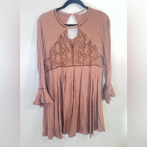 entro Dresses & Skirts - Entro Brown Boho Bell Sleeve Mini Dress or Tunic Shirt Size L Large